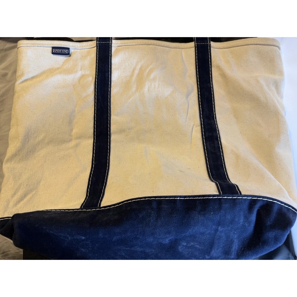 VTG Lands End Canvas Tote Bag Utility Zip Navy Trim Cream Boat Beach Large USA